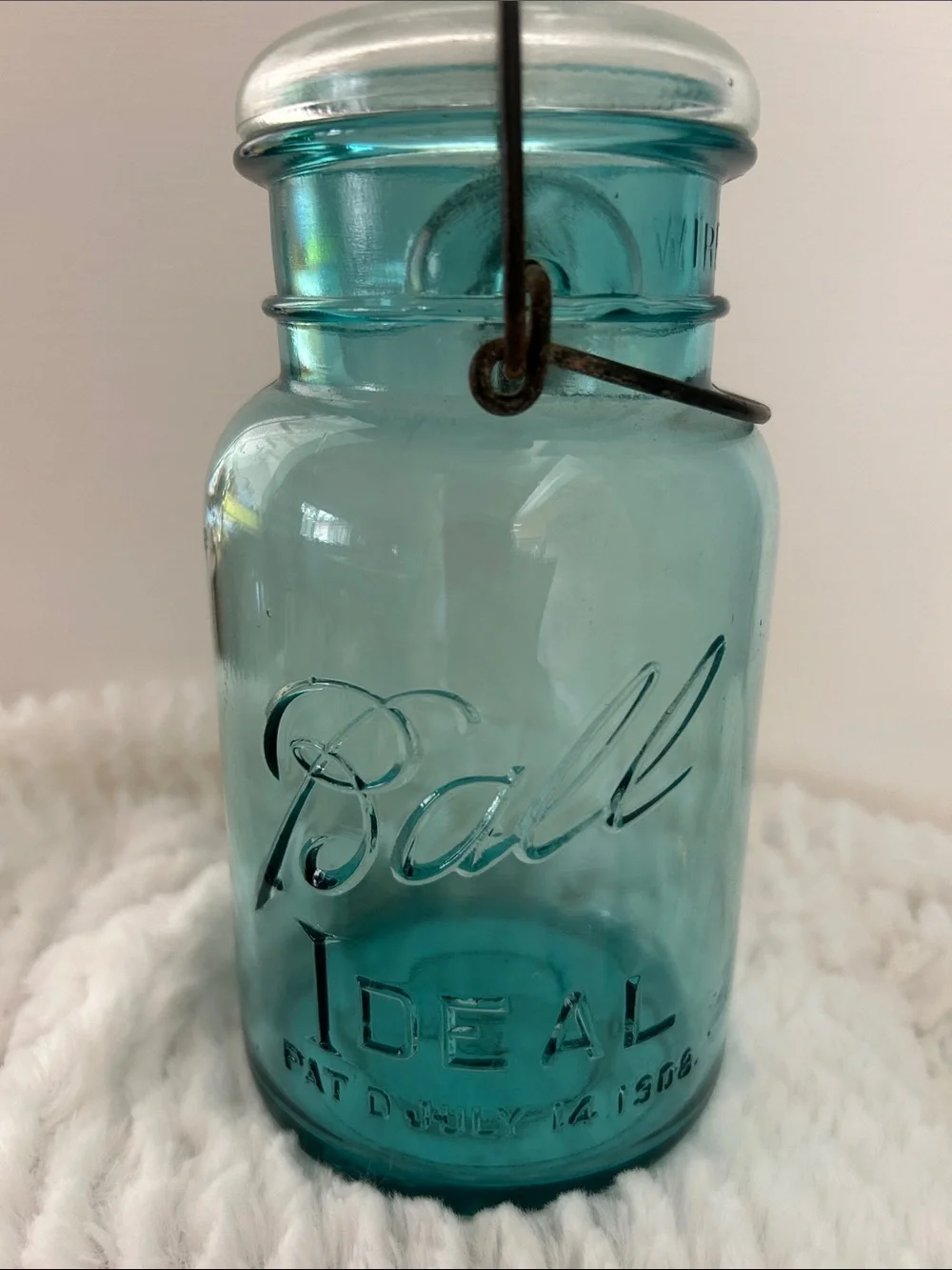 Ball Ideal Blue Glass with Wire Bail Pat July 1908 Quart
